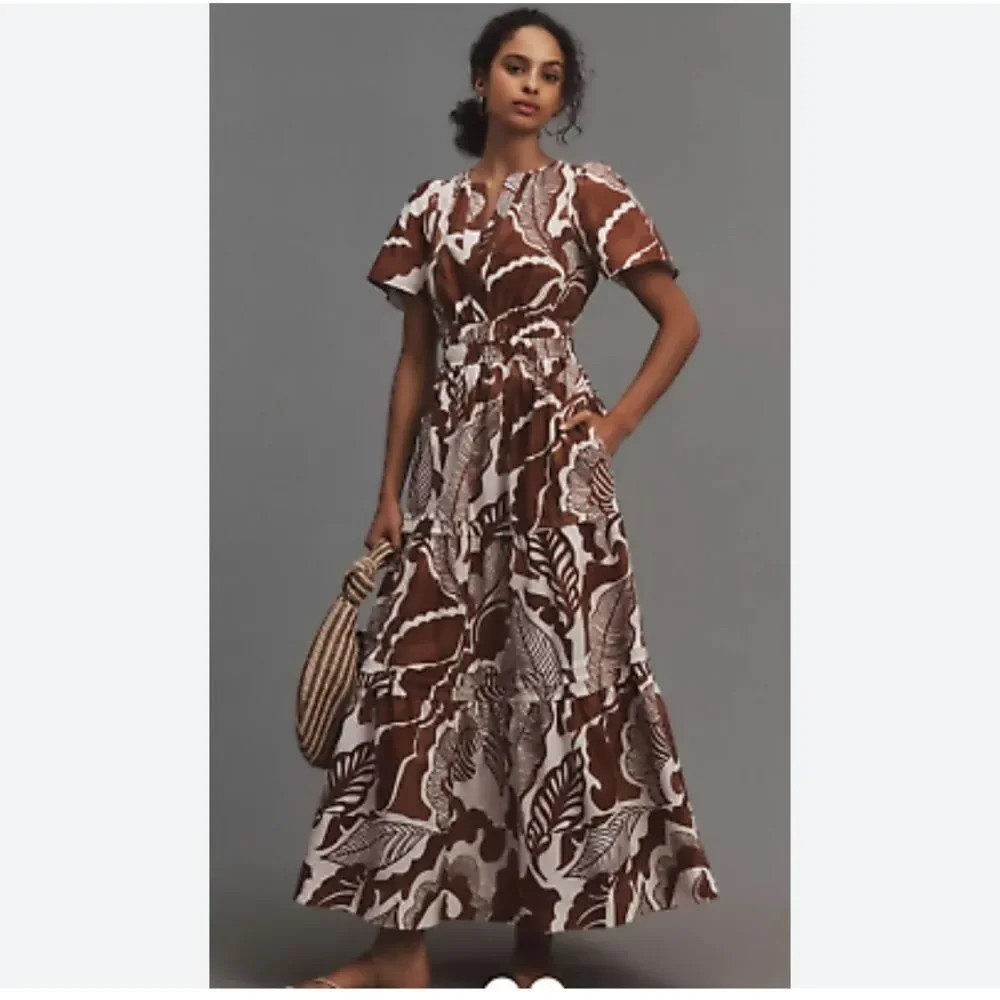 Anthropologie Brown and White Leaf Print Dress Somerset Maxi Dress